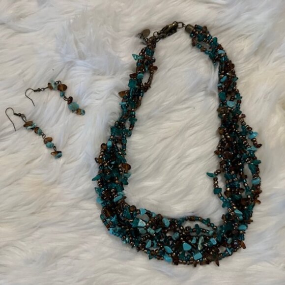 G brand Jewelry - Turquoise, Amber & Tiger Eye 8Strand Beaded Statement Necklace & Earring Set NWT